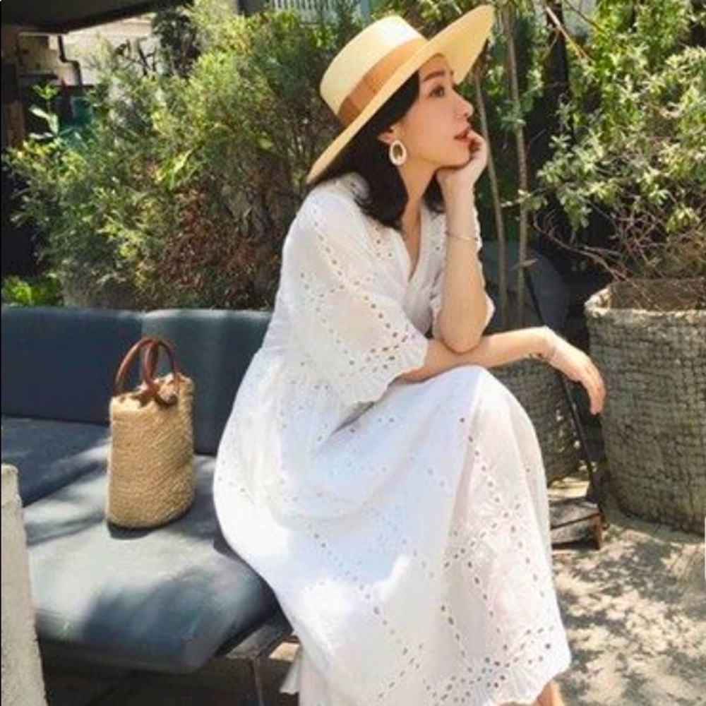 Country-chic, cottagecore white eyelet dress